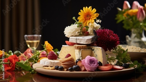  a close up of a plate of food on a table with flowers and a glass of wine in the background.