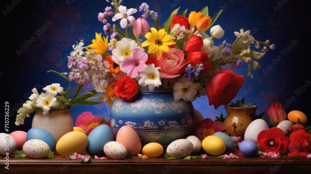  a blue vase filled with lots of flowers next to a bunch of eggs and a bunch of flowers on top of a table.