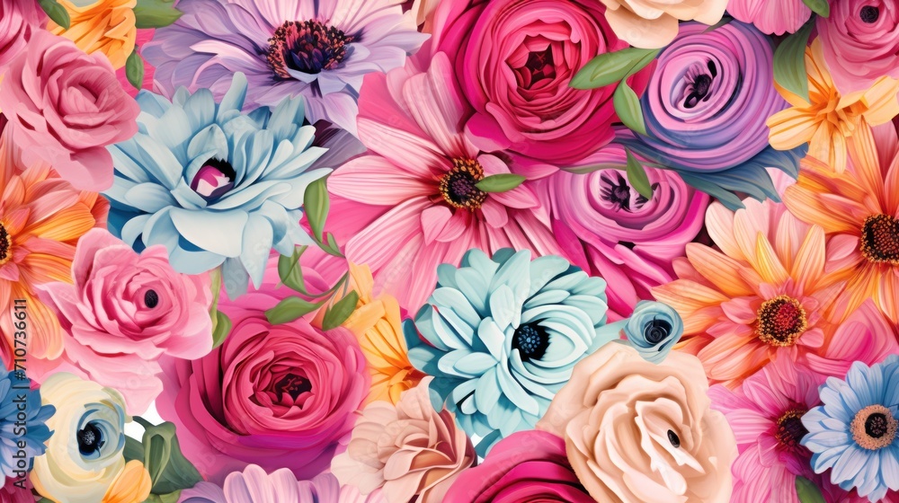 a close up of a bunch of colorful flowers on a white background with lots of pink, blue, and yellow flowers. a close up of a bunch of colorful flowers on a white background with lots of pink, blue, and yellow flowers.