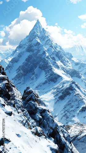 Pristine Snowy Mountain Summit Touching the Sky