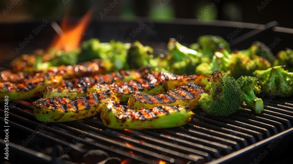  a close up of a grill with broccoli and other foods cooking on top of it and a fire in the background.