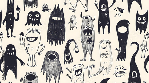 monsters Funny line hand-drawn aliens for coloring pages. Flat illustration