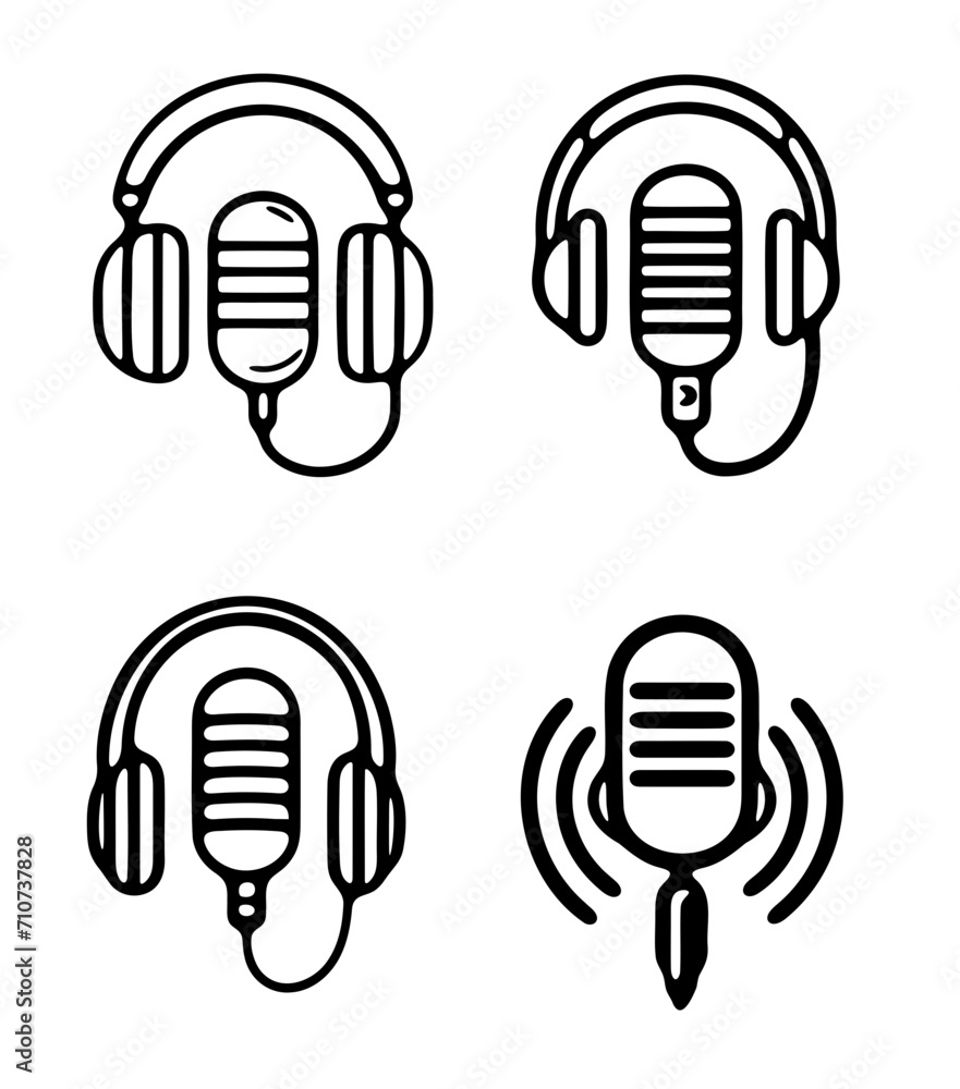 Podcast and Broadcast Vector SVG Icon Set with Headphone and Microphone Podcast and Broadcast Vector SVG Icon Set with Headphone and Microphone