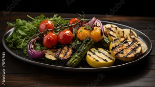  a plate of grilled vegetables including tomatoes, asparagus, zucchini, and other veggies.