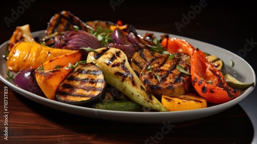 a close up of a plate of food with meat and veggies on a wooden table with a black background.