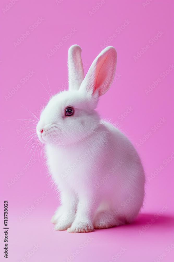 Cute little white rabbit sitting on pink background. Cute little white rabbit sitting on pink background.