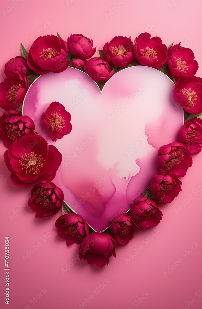 heart of scarlet and dark pink peonies on a watercolor background for Valentine's Day and your beloved
