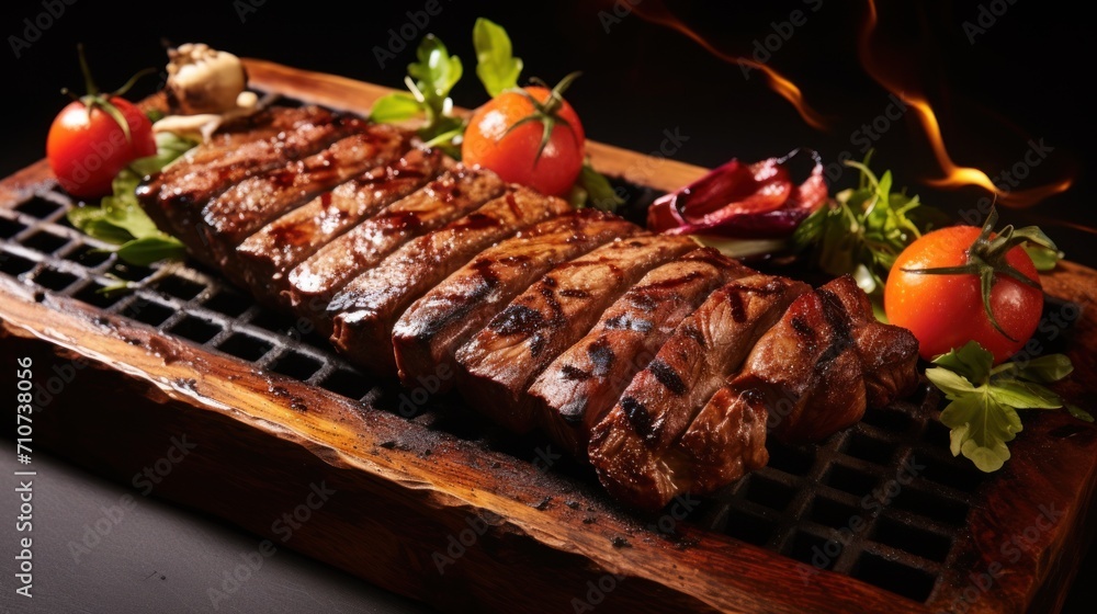  a grilled steak with tomatoes, lettuce, and other vegetables on a wooden board on a table.