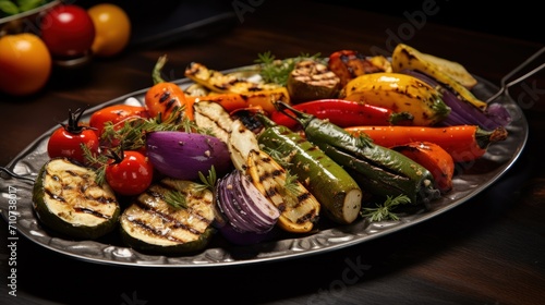 a plate of grilled vegetables sits on a table next to a bowl of tomatoes, peppers, and cucumbers.
