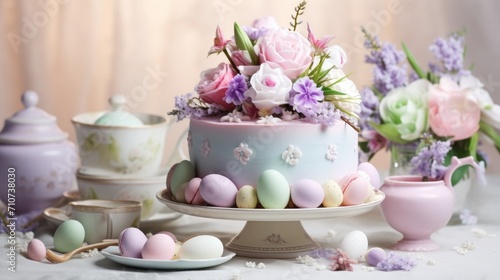  a cake sitting on top of a table next to a vase filled with flowers and a bowl filled with eggs.