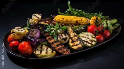  a plate of grilled vegetables including tomatoes, corn, zucchini, and corn on the cob.