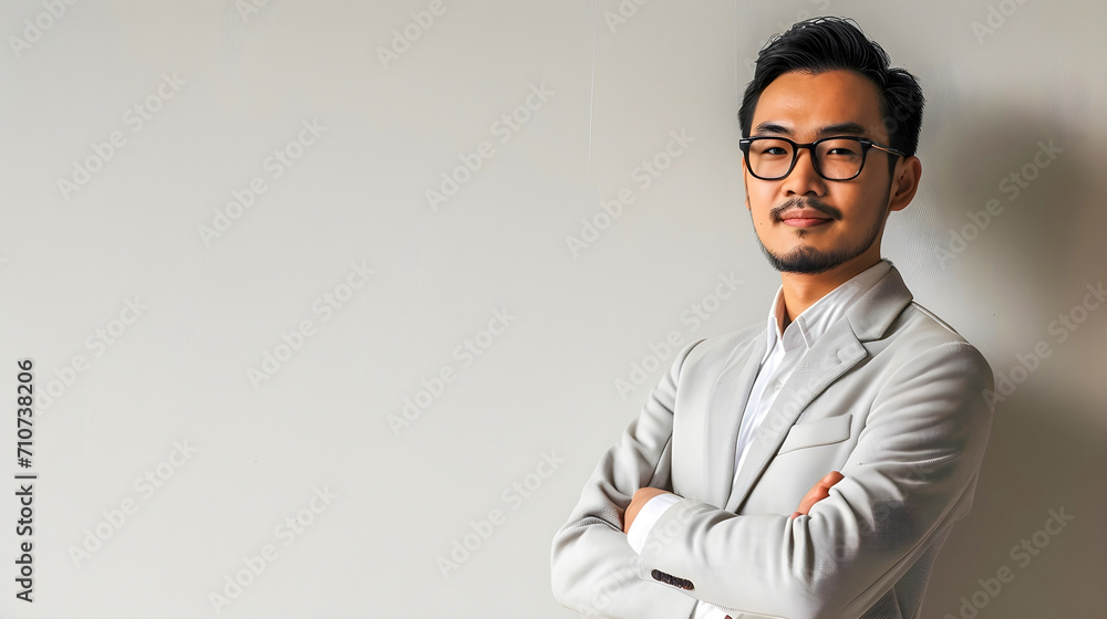 Asian businessman, man entrepreneur on white gray background with copy space Asian businessman, man entrepreneur on white gray background with copy space