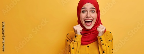 Arabic Female Excited Yellow Backdrop Good Looking Person Generative AI
