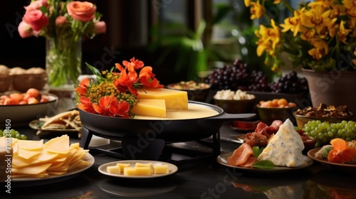  a black table topped with plates of food and vases of flowers on top of a table covered in flowers.