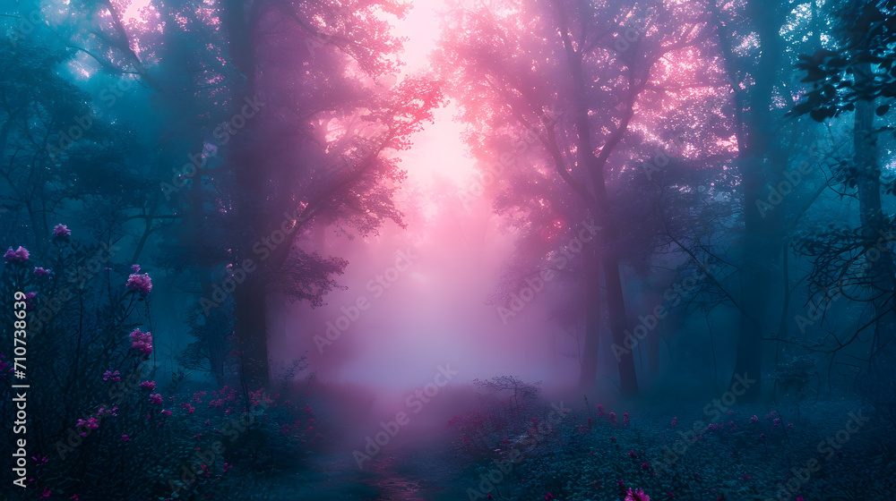 A mystical forest, with pastel fog and neon-light shapes among the trees, during a serene morning, capturing Psychic Waves’ theme of deeper meaning and bold journeys