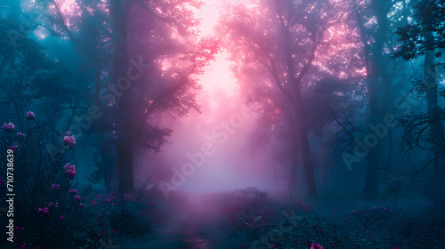 A mystical forest  with pastel fog and neon-light shapes among the trees  during a serene morning  capturing Psychic Waves    theme of deeper meaning and bold journeys