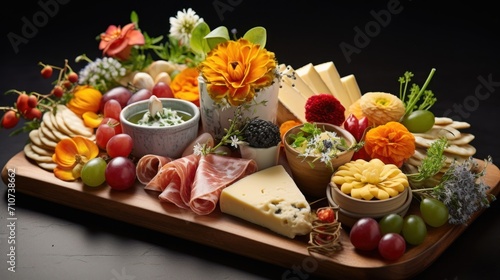  a variety of cheeses, meats, and vegetables are arranged on a wooden platter on a black surface.