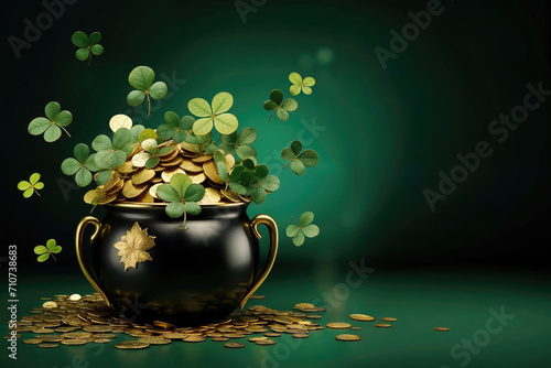 black pot full of gold coins and leprechaun hat in a green background