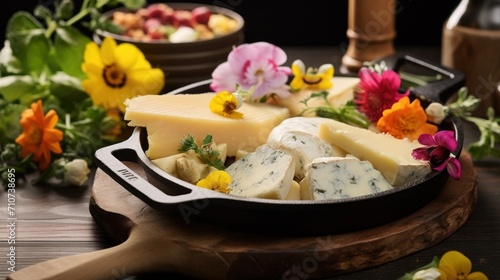  a pan filled with cheese and flowers on top of a wooden cutting board next to a bowl of flowers and a bottle of wine.