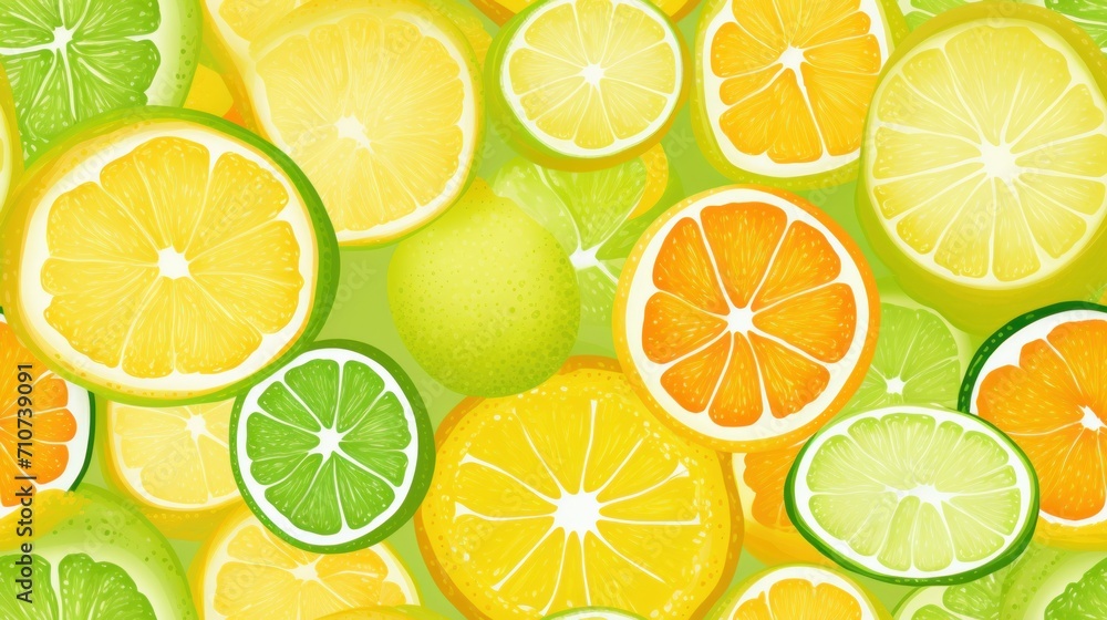  a bunch of oranges, lemons, limes, limes, and limes on a green background.