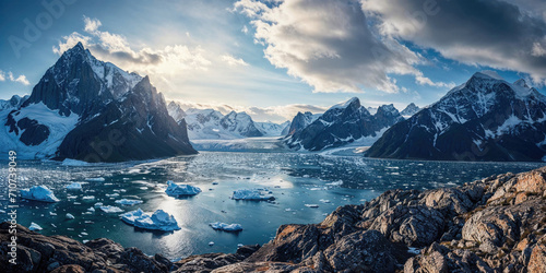 Greenlandic landscape with icebergs