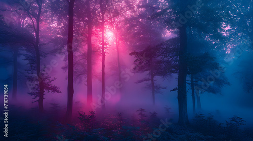 A mystical forest, with pastel fog and neon-light shapes among the trees, during a serene morning, capturing Psychic Waves’ theme of deeper meaning and bold journeys