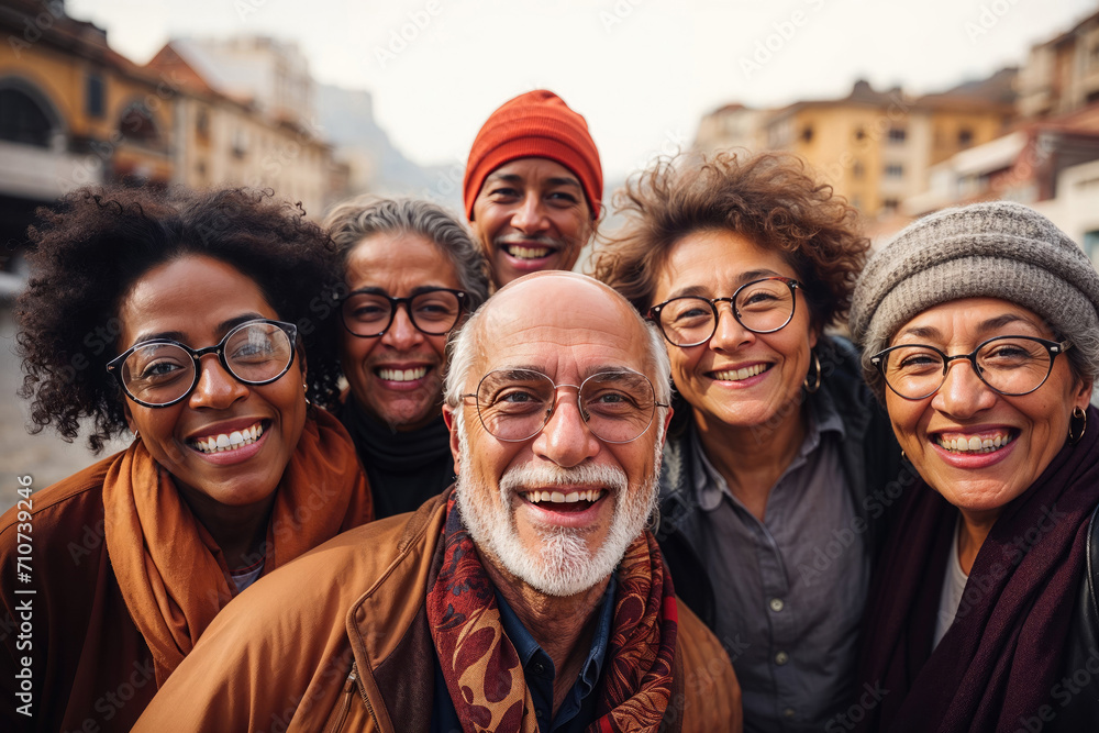 Retired multiethnic couples enjoying retirement and traveling Retired multiethnic couples enjoying retirement and traveling