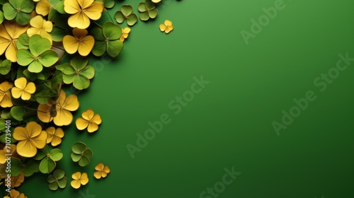  a bunch of green and yellow shamrocks on a green background with a place for a text or a symbol of st patrick's day.