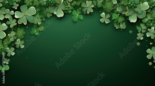  a green background with four leaf clovers on the left and four leaf clovers on the right on a dark green background.