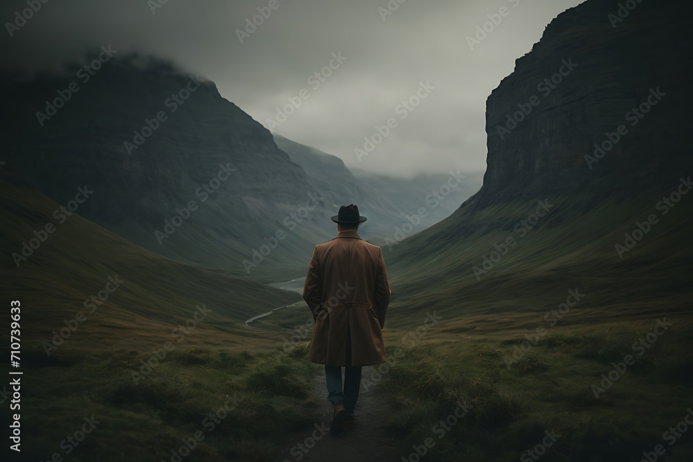 Man in Hat and Coat Walking Through Valley. Generative AI.