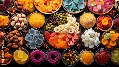  a table topped with bowls filled with lots of different types of candies next to different types of fruits and vegetables.