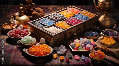  a box of gummy bears sitting on a table next to bowls of gummy bears and bowls of other gummy bears. © Anna
