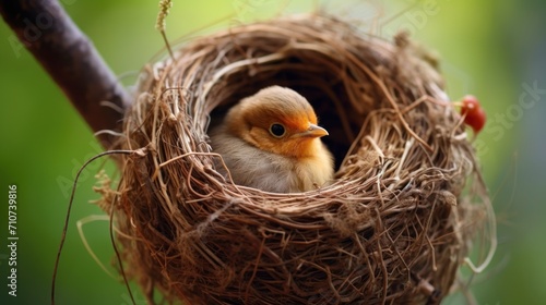  a small bird is sitting in a bird's nest with its head in the center of the bird's nest.