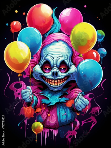 Scary and horrifying clown holding balloons in a cute created with Generative Ai