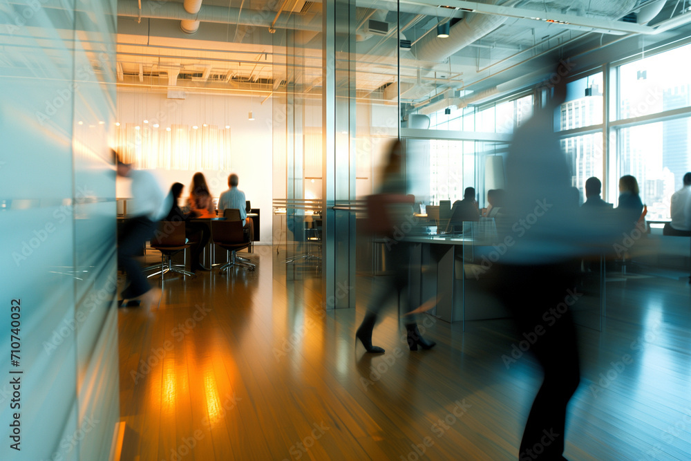 Business professionals engaged in work with dynamic motion blur  in a trendy New York office. 
