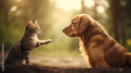 Cat playing with dog photo