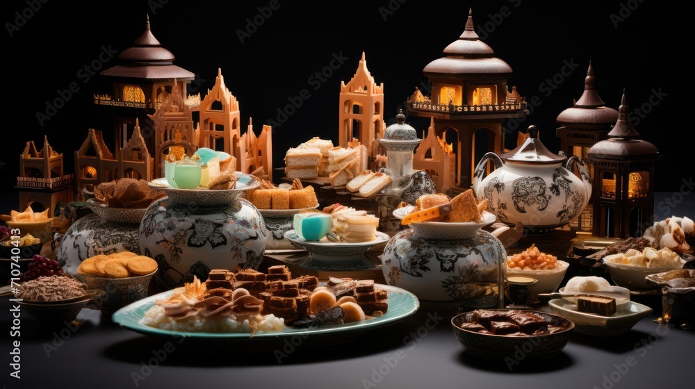  a table topped with plates of food and vases filled with different types of cakes and pastries on top of a table.