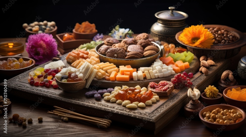  a wooden table topped with lots of different types of candies and other candies on top of a wooden tray.