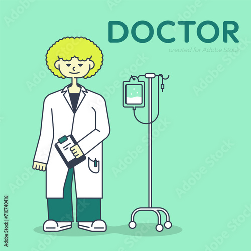 Poster "Doctor" on a green background. Doctor character image in flat style. Medical illustration showing a person in a white coat.