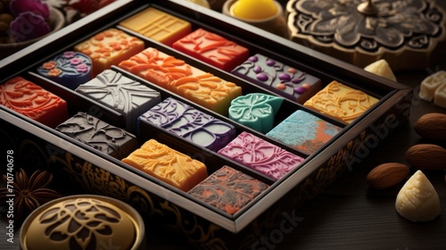  a close up of a box of soaps on a table next to almonds and a cup of coffee.