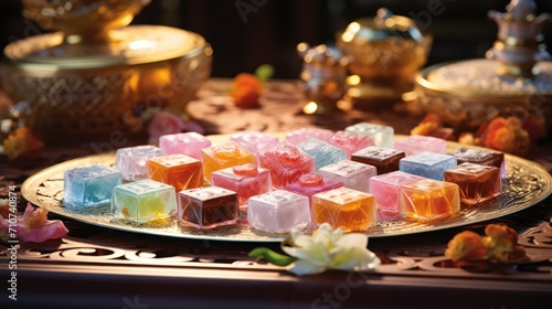  a plate filled with assorted candy on top of a table next to a tea pot and a tea pot. © Anna
