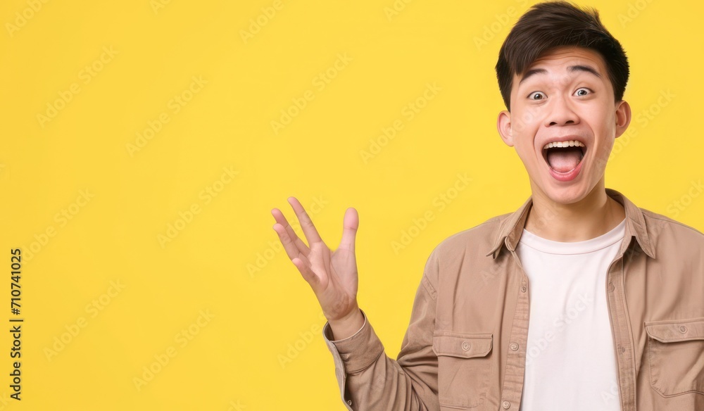 Asian Male Excited Yellow Backdrop Attractive Person Generative AI Asian Male Excited Yellow Backdrop Attractive Person Generative AI