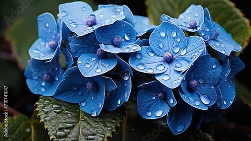  a close up of a blue flower with drops of water on it and a green leafy plant in the background.