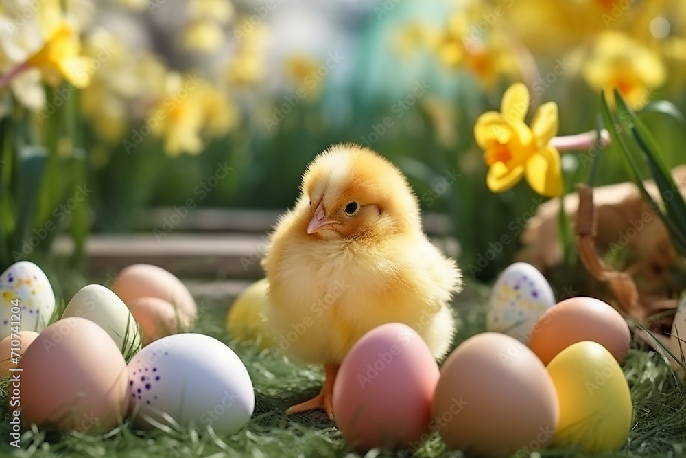 a small fluffy yellow chicken stands on the grass near colorful Easter eggs against a background of spring flowers