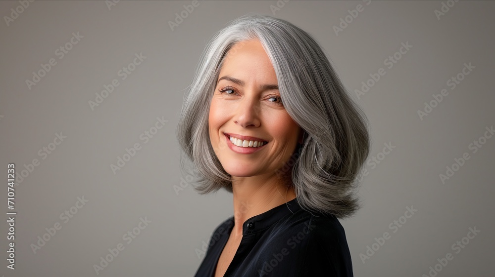 a clean studio portrait of a middle-aged caucasian woman with blond silver hair in white t-shirt looking into the camera smiling, grey background. a clean studio portrait of a middle-aged caucasian woman with blond silver hair in white t-shirt looking into the camera smiling, grey background.