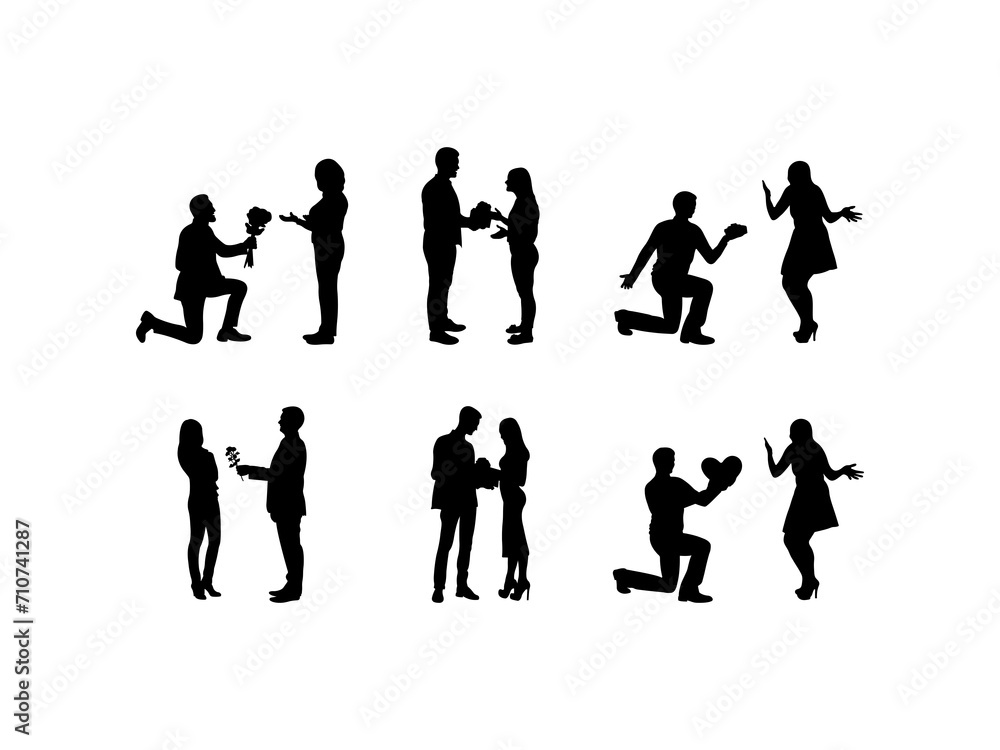 Set of Man gives gift to woman Silhouette in various poses isolated on white background