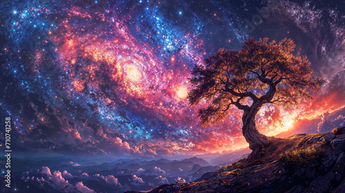 Ancient tree spreading its branches in front of a colorful cosmic sky filled with nebula and constellation of stars, fantasy landscape, abstract background in spiral composition