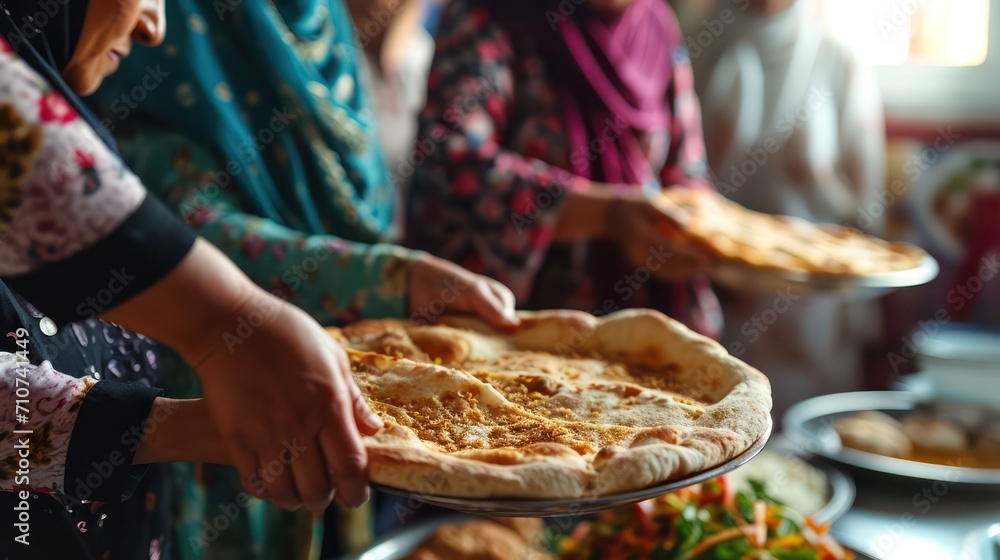 Close-up of Muslim women serving Taboon bread during Iftar meal on Ramadan at home