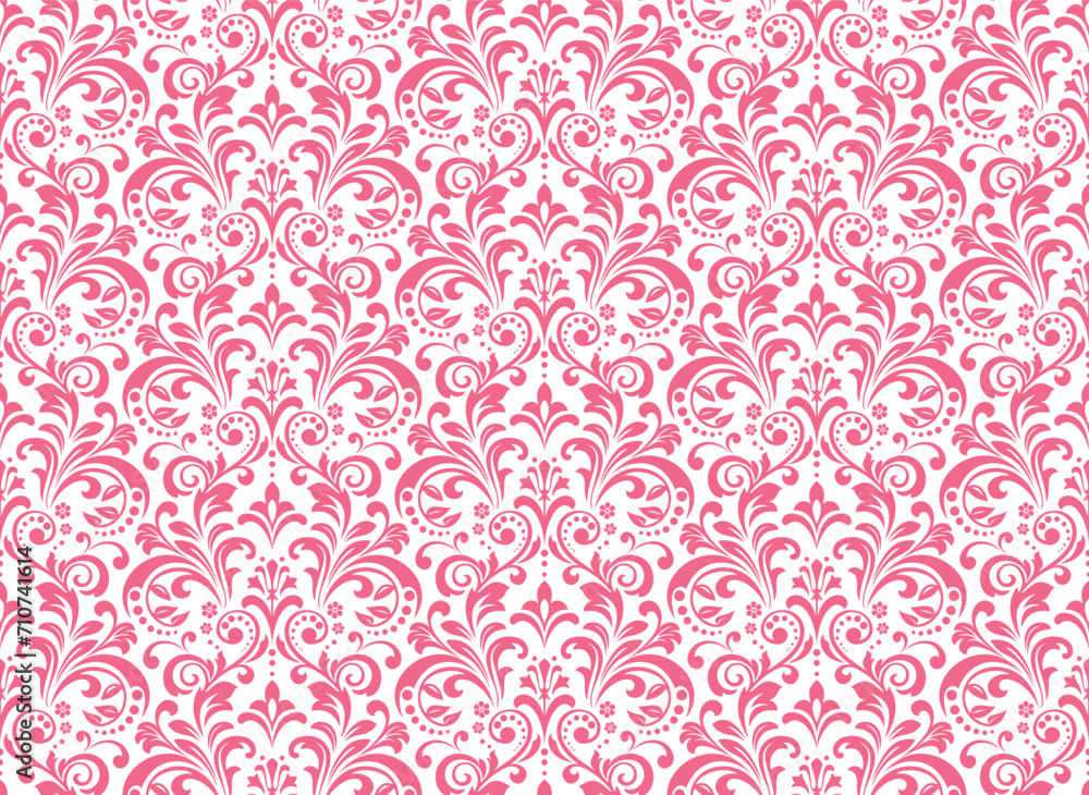 Floral pattern. Vintage wallpaper in the Baroque style. Seamless vector background. White and pink ornament for fabric, wallpaper, packaging. Ornate Damask flower ornament - obrazy, fototapety, plakaty 