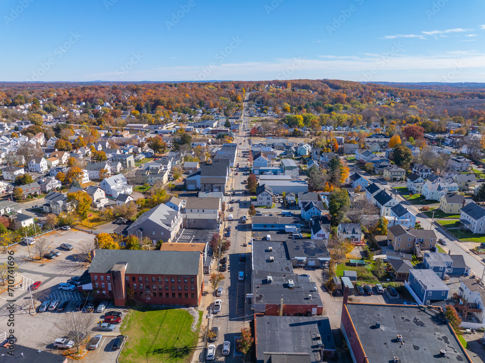Historic residential houses in fall in historic town center of Milford, Massachusetts MA, USA. 